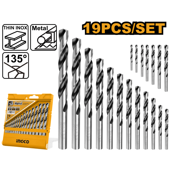 Набор сверл по металлу HSS 19 шт (10/40) INGCO AKDB1195 Набор сверл по металлу HSS 19 шт (10/40) INGCO AKDB1195