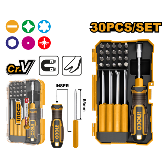 Набор переставных отверток и бит 30 шт (6/24) INGCO AKISD3001 Набор переставных отверток и бит 30 шт (6/24) INGCO AKISD3001