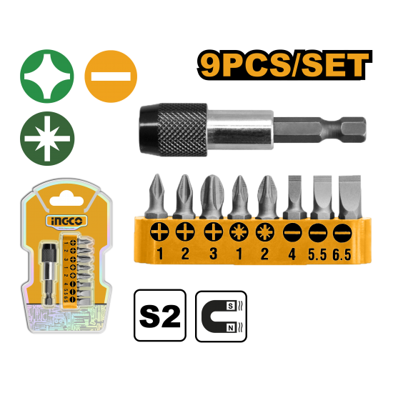 Набор бит с держателем 9 предметов (25/100) INGCO AKSD0071