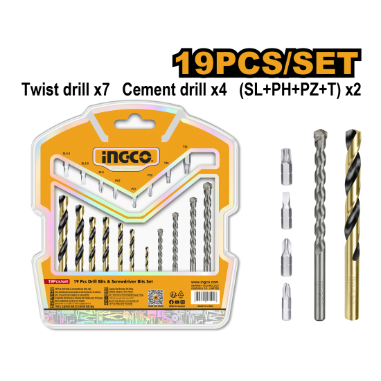 Набор сверл и бит 19 шт (20/40) INGCO AKSDB1901 Набор сверл и бит 19 шт (20/40) INGCO AKSDB1901