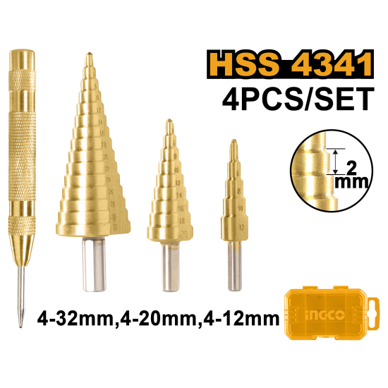 Набор ступенчатых сверл 4 шт (30) INGCO AKSDS2041 INDUSTRIAL Набор ступенчатых сверл 4 шт (30) INGCO AKSDS2041 INDUSTRIAL