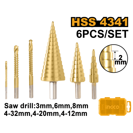 Набор ступенчатых сверл 6 шт (30) INGCO AKSDS2061 INDUSTRIAL