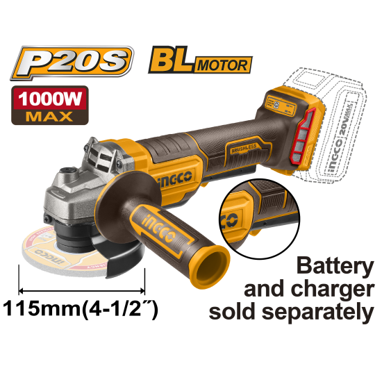 Аккумуляторная УШМ б/щ, 20В 115 мм INGCO CAGLI211156 INDUSTRIAL Аккумуляторная УШМ б/щ, 20В 115 мм INGCO CAGLI211156 INDUSTRIAL