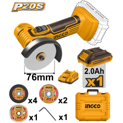 Угловая шлифовальная машина аккумуляторная 76 мм Li-Ion 20В (4) INGCO CAGLI76012 INDUSTRIAL Угловая шлифовальная машина аккумуляторная 76 мм Li-Ion 20В (4) INGCO CAGLI76012 INDUSTRIAL