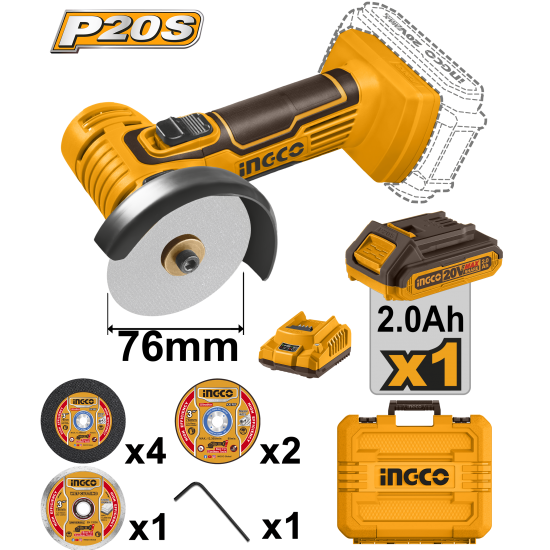 Угловая шлифовальная машина аккумуляторная 76 мм Li-Ion 20В (4) INGCO CAGLI76012 INDUSTRIAL