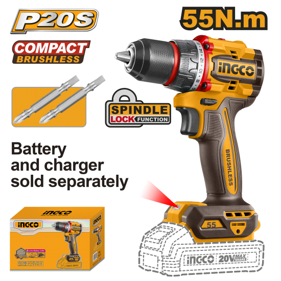 Бесщеточный шуруповерт 55 Нм 20В, б/щ (5) INGCO CDLI205581 INDUSTRIAL