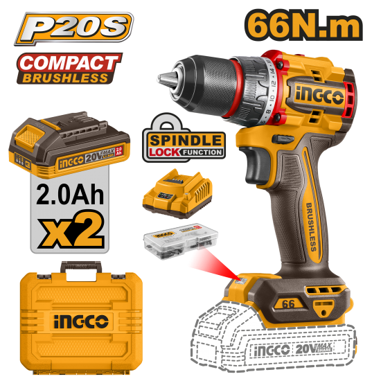 Аккумуляторный шуруповерт 66 Нм 20B, б/щ (5) INGCO CDLI20668 INDUSTRIAL