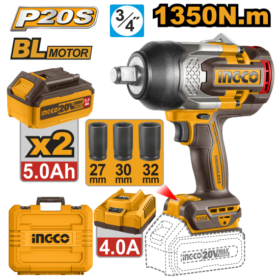 Аккумуляторный ударный гайковерт 1350 Нм, 3/4 Аккумуляторный ударный гайковерт 1350 Нм, 3/4