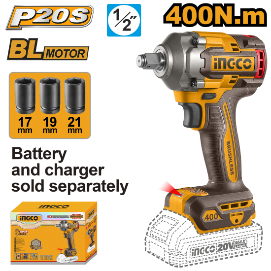 Аккумуляторный ударный гайковерт 20В Li-ion, б/щ 400 Нм (10) INGCO CIWLI20401 INDUSTRIAL