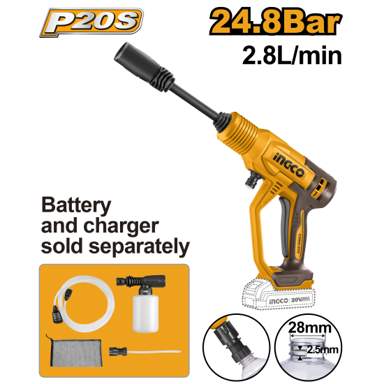 Аккумуляторная мойка 20В 24.8 Бар, 2.8 л/мин (6) INGCO CPWLI2036 (ПП 353)