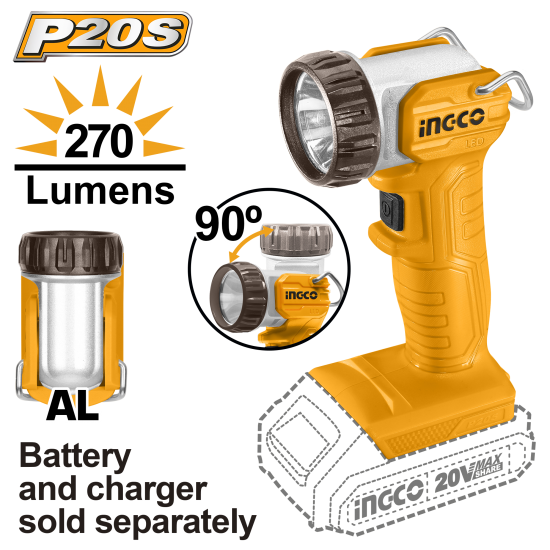 Аккумуляторная лампа Li-Ion 20В, 270 Лм INGCO CWLI2038 INDUSTRIAL Аккумуляторная лампа Li-Ion 20В, 270 Лм INGCO CWLI2038 INDUSTRIAL
