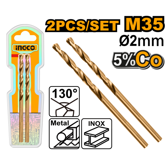 Сверло по металлу M35 HSS-Со 2 мм 2 шт (250/500) INGCO DBT01130201 INDUSTRIAL Сверло по металлу M35 HSS-Со 2 мм 2 шт (250/500) INGCO DBT01130201 INDUSTRIAL