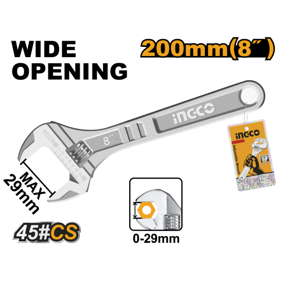 Ключ разводной 200 мм (0-24мм) (6/36) INGCO HADW131082