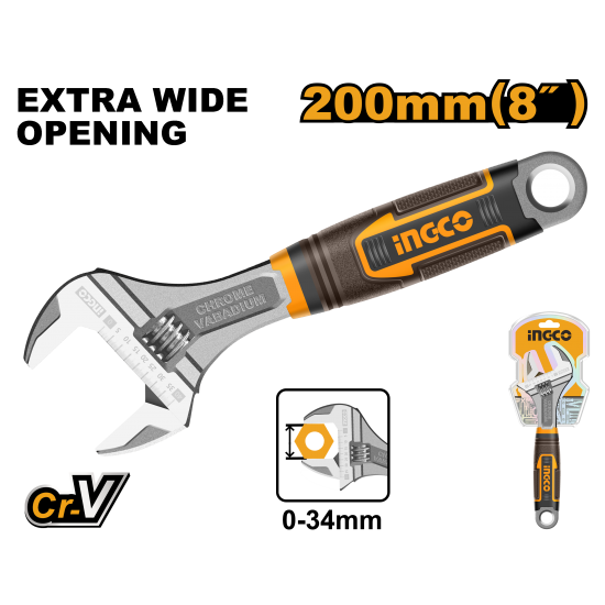 Ключ разводной 200 мм (0-30мм) INGCO HADW131088 INDUSTRIAL