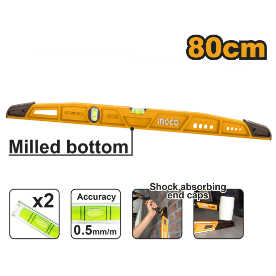 Уровень пузырьковый усиленный 80 см (10) INGCO HBSL08080 INDUSTRIAL