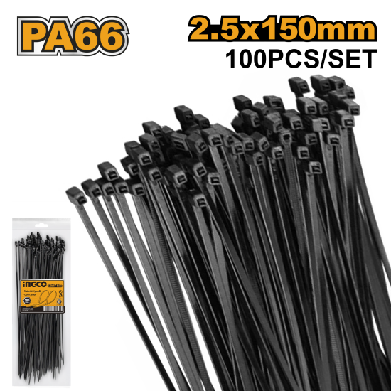 Стяжки нейлоновые черные 2.5х150 мм (200/400) INGCO HCTB15025 Стяжки нейлоновые черные 2.5х150 мм (200/400) INGCO HCTB15025