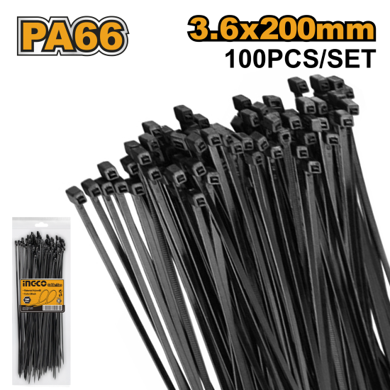 Стяжки нейлоновые черные 3.6х200 мм (50/200) INGCO HCTB20036 Стяжки нейлоновые черные 3.6х200 мм (50/200) INGCO HCTB20036
