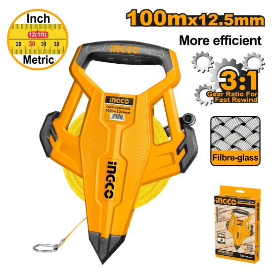 Рулетка геодезическая фибергласовая 100 х 12.5 мм INGCO HFMT83100 INDUSTRIAL Рулетка геодезическая фибергласовая 100 х 12.5 мм INGCO HFMT83100 INDUSTRIAL