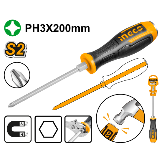 Отвертка крестовая ударная PH3 x 200 INGCO HGTS68PH3200 INDUSTRIAL