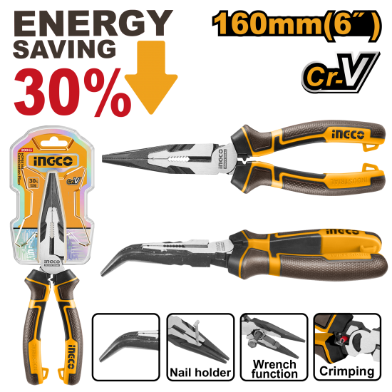 Тонкогубцы изогнутые 160 мм (6/36) INGCO HHBNP28160 INDUSTRIAL