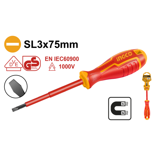 Отвертка диэлектрическая SL3x75 (12/144) INGCO HISD813075 INDUSTRIAL