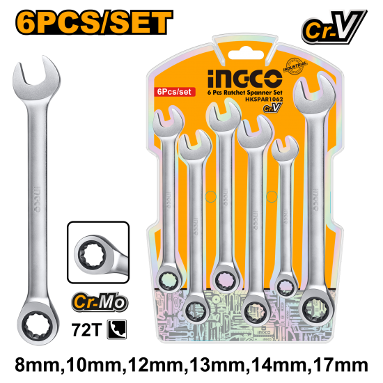Набор комбинированных ключей с трещоткой 6 шт. 8-17 мм INGCO HKSPAR1062 INDUSTRIAL