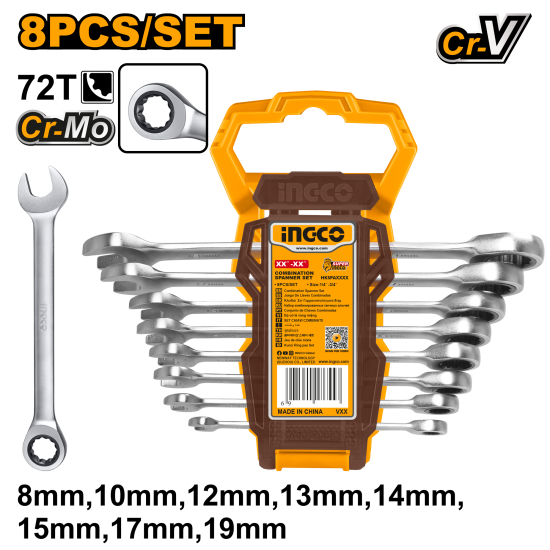 Набор комбинированных гаечных ключей с трещоткой 8 шт (5/10) INGCO HKSPAR1082 Набор комбинированных гаечных ключей с трещоткой 8 шт (5/10) INGCO HKSPAR1082