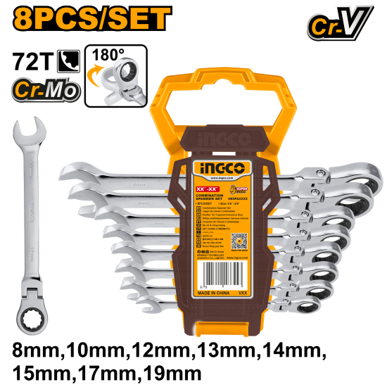 Набор комбинированных гаечных ключей с трещоткой 8 шт INGCO HKSPAR1083 Набор комбинированных гаечных ключей с трещоткой 8 шт INGCO HKSPAR1083