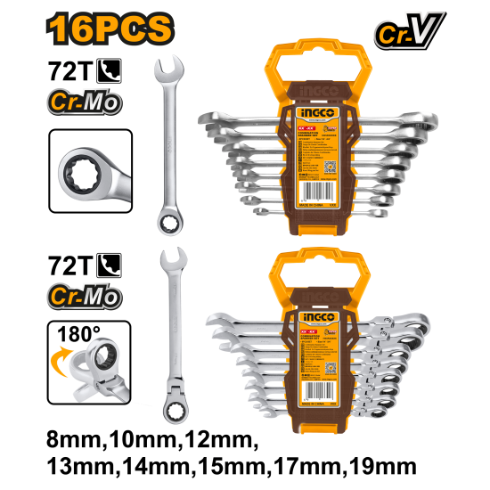 Набор комбинированных ключей с трещоткой 16 шт 8-19 мм (10) INGCO HKSPAR2016 INDUSTRIAL