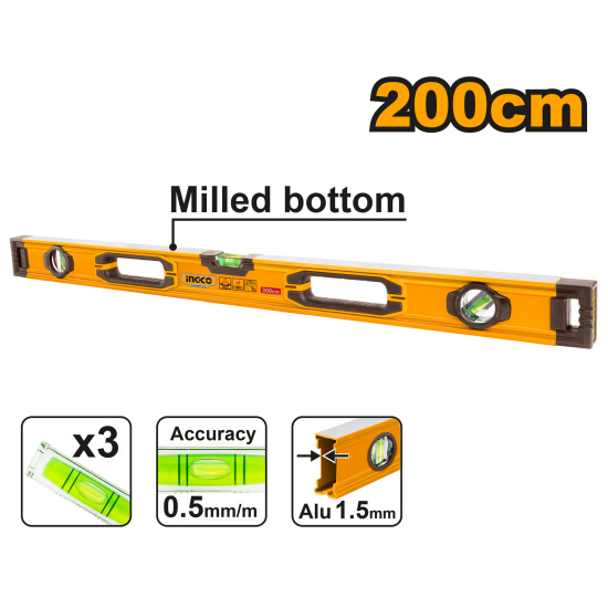 Уровень пузырьковый 200 см INGCO HSL08200 INDUSTRIAL Уровень пузырьковый 200 см INGCO HSL08200 INDUSTRIAL