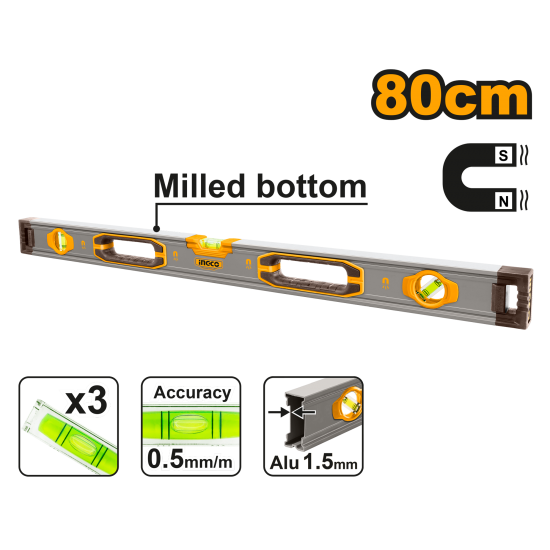 Уровень пузырьковый магнитный 80 см INGCO HSL38080M INDUSTRIAL