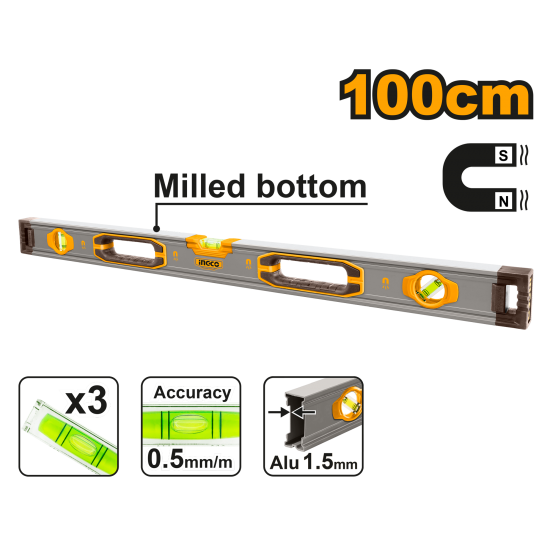 Уровень пузырьковый магнитный 100 см (20) INGCO HSL38100M INDUSTRIAL
