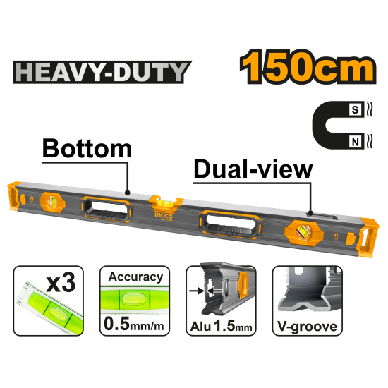 Уровень с магнитом усиленный 1500 мм (10) INGCO HSL68150