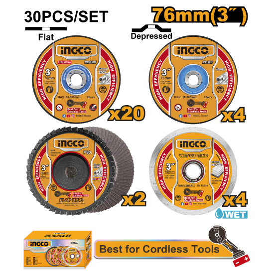 Набор дисков по металлу 76 мм 30 шт (10/20) INGCO MCD07630 Набор дисков по металлу 76 мм 30 шт (10/20) INGCO MCD07630