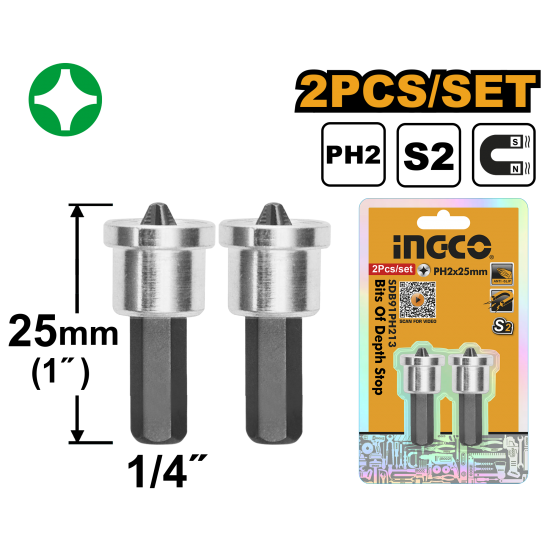 Набор бит с ограничителем глубины PH2 2 шт 25 мм (25/100) INGCO SDB91PH213 Набор бит с ограничителем глубины PH2 2 шт 25 мм (25/100) INGCO SDB91PH213