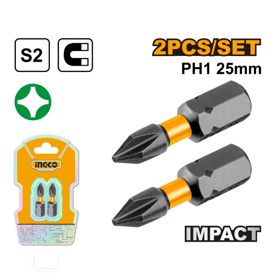 Ударная бита PH1х25 мм 2 шт (400/800) INGCO SDBIM71PH125 INDUSTRIAL